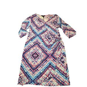 Ashley Stewart Tie Dye Wrap Dress 3/4 Sleeves V Neck Red White Blue Sz 22/24 NWT